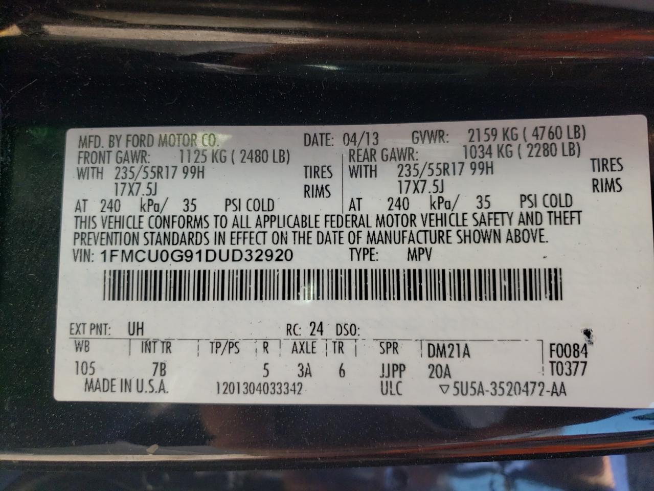 Photo 10 from auction – 2013 FORD ESCAPE SE with VIN 1FMCU0G91DUD32920