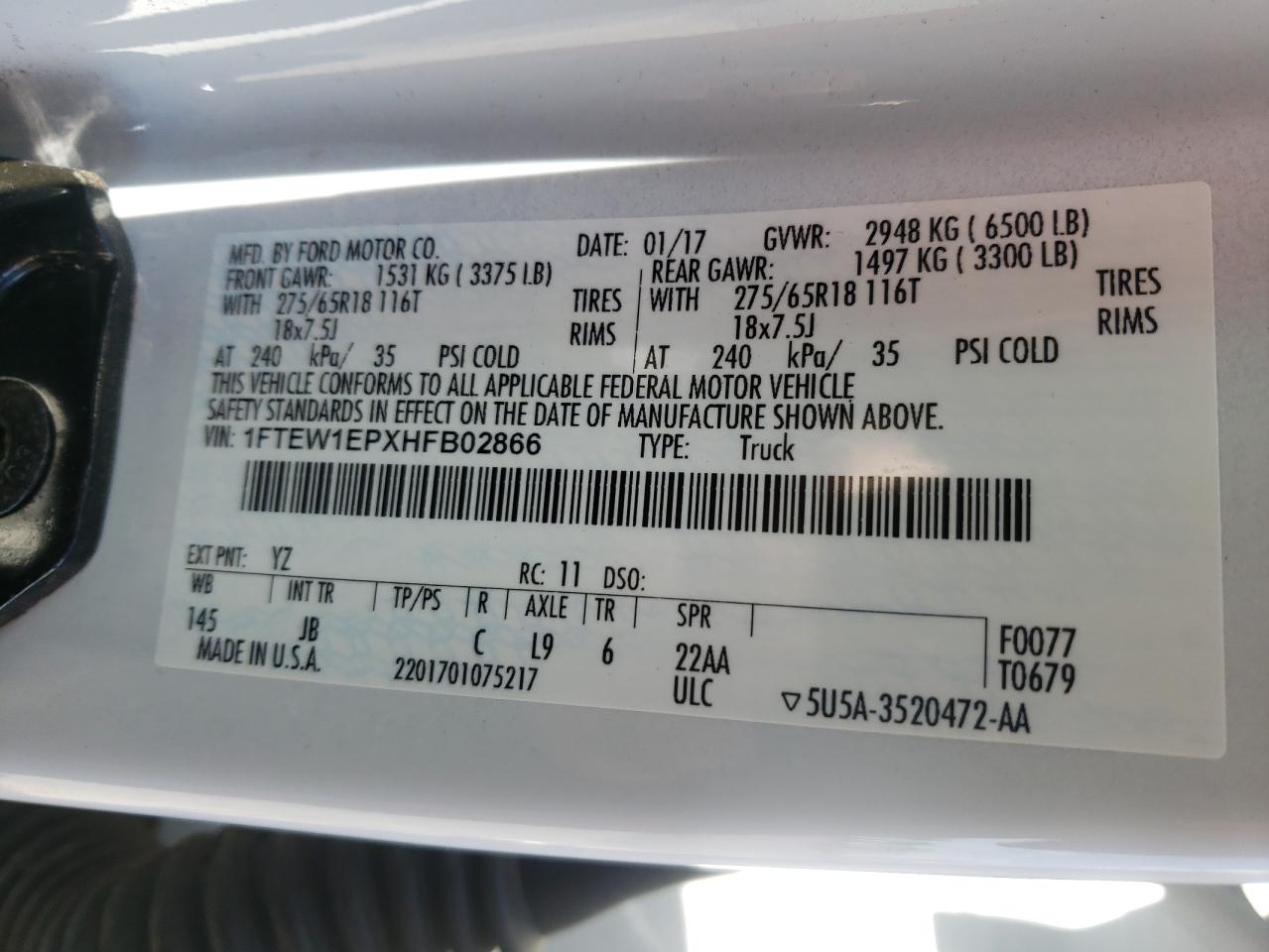 Photo 10 from auction – 2017 FORD F150 SUPER with VIN 1FTEW1EPXHFB02866