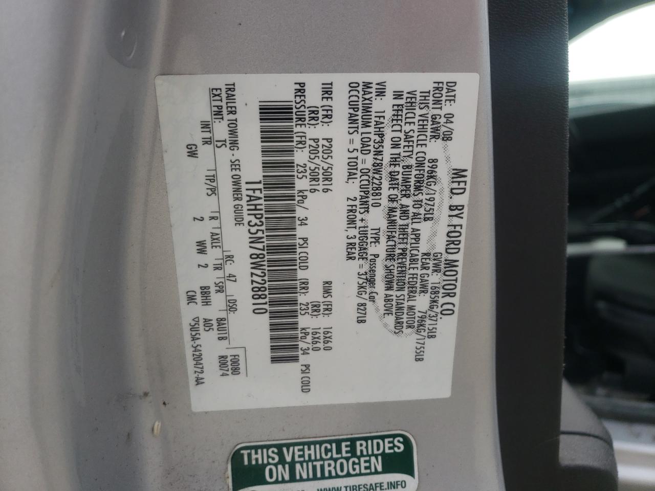Photo 10 from auction – 2008 FORD FOCUS SE with VIN 1FAHP35N78W228810