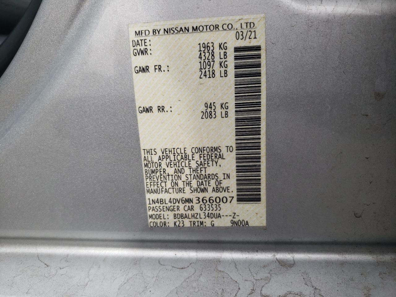 Photo 10 from auction – 2021 NISSAN ALTIMA SV with VIN 1N4BL4DV6MN366007