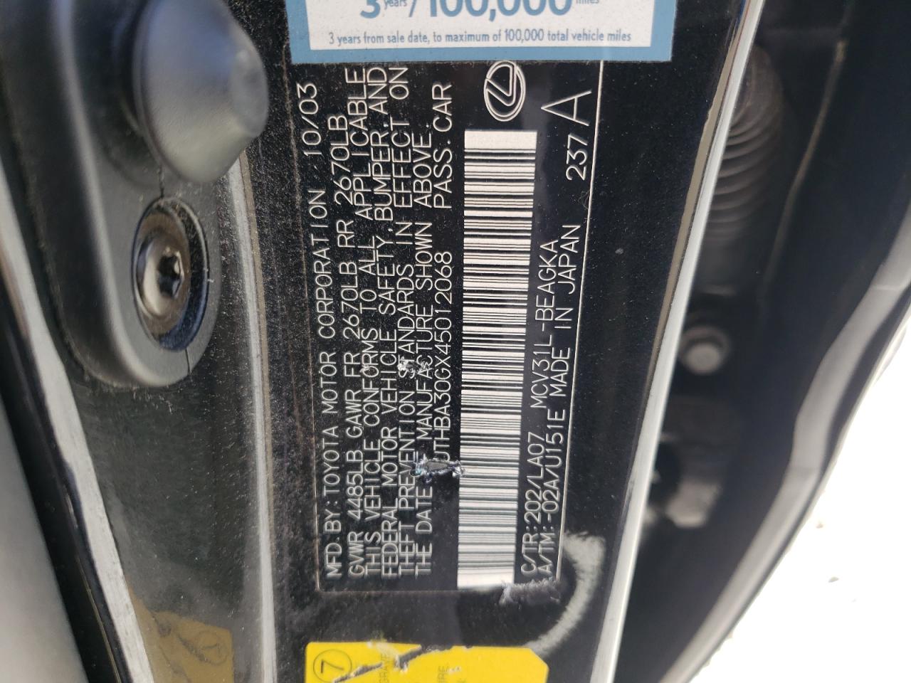 Photo 10 from auction – 2004 LEXUS ES 330 with VIN JTHBA30GX45012068