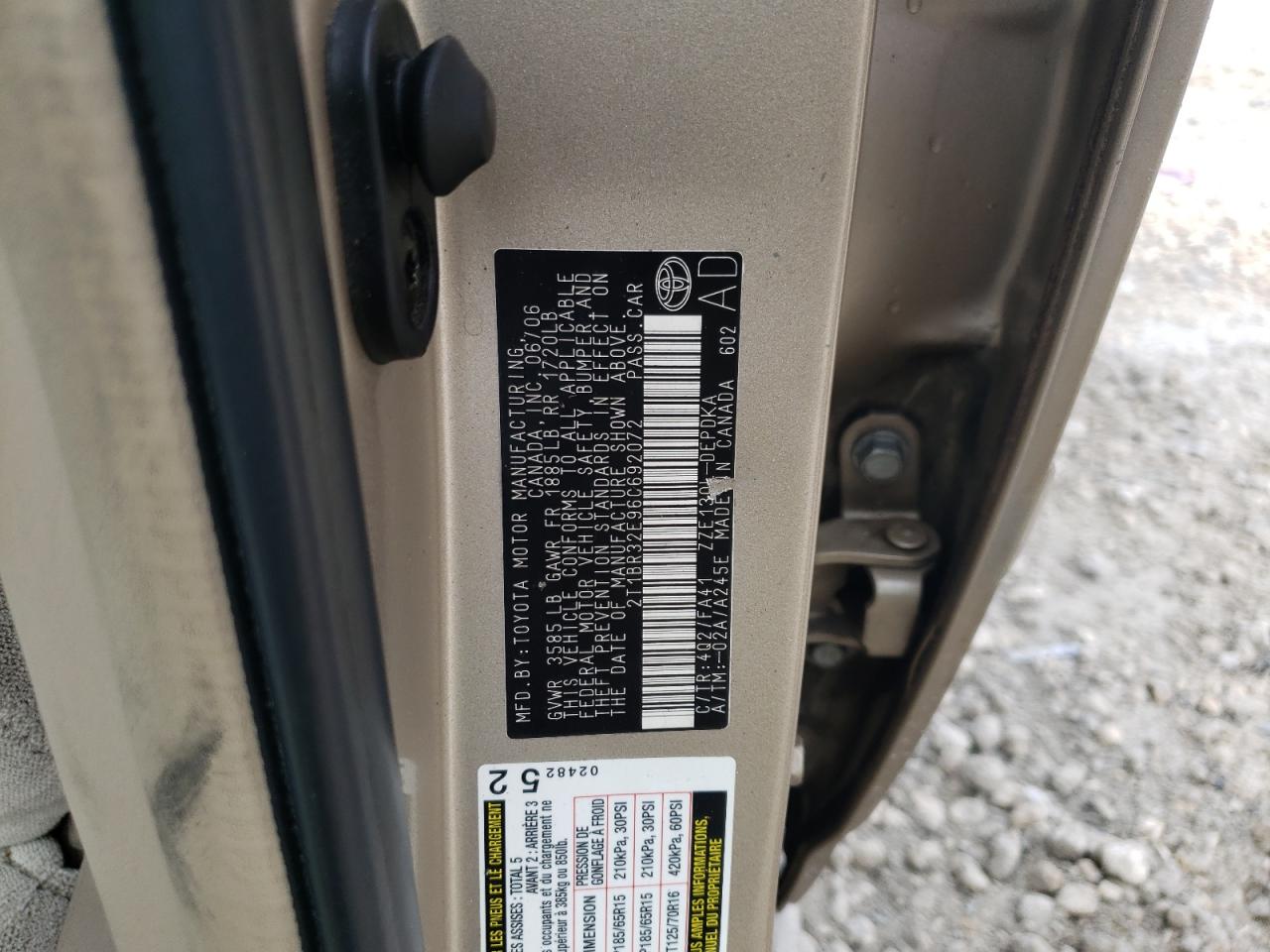 Photo 10 from auction – 2006 TOYOTA COROLLA CE with VIN 2T1BR32E96C692072