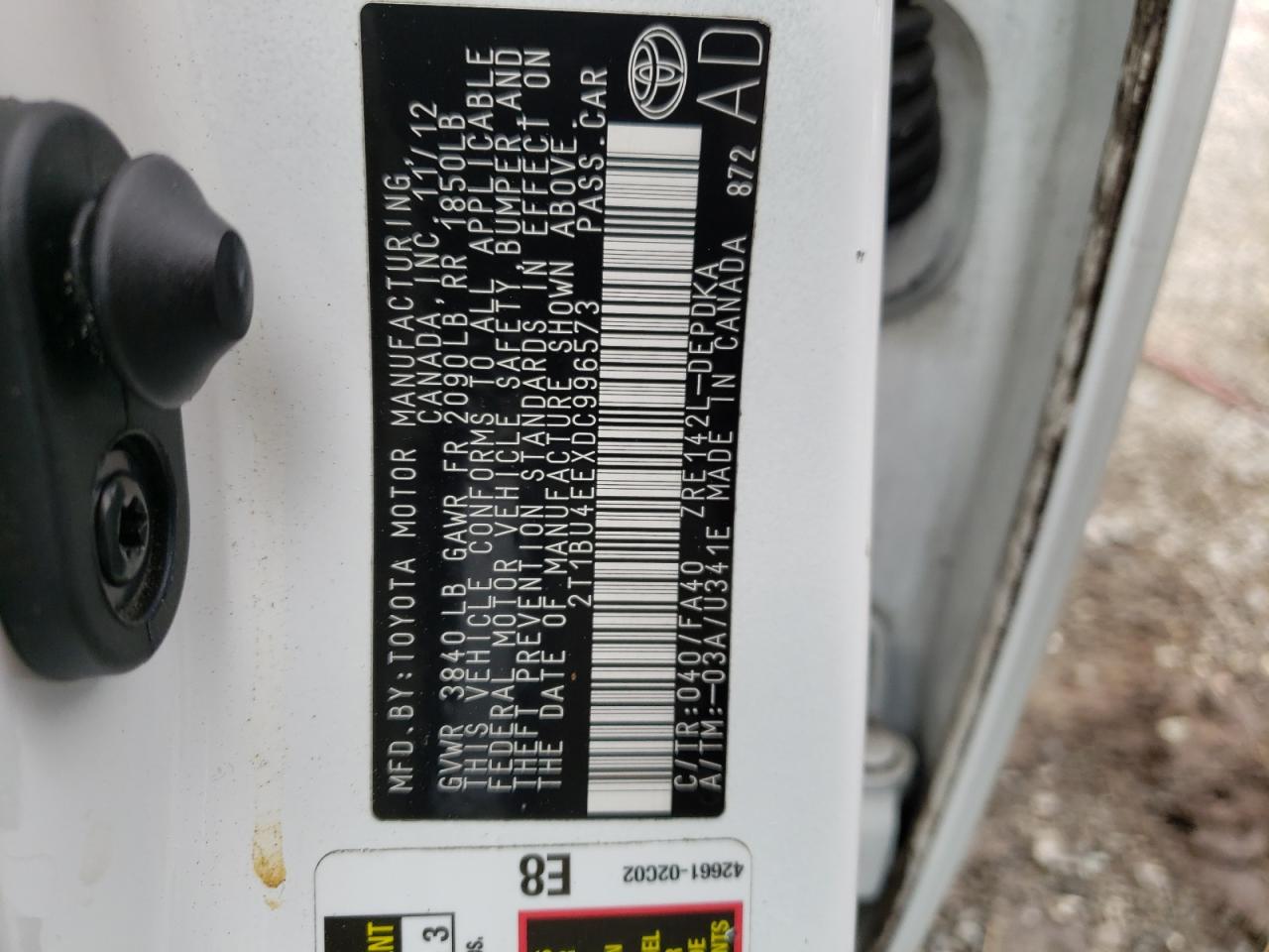 Photo 10 from auction – 2013 TOYOTA COROLLA BA with VIN 2T1BU4EEXDC996573