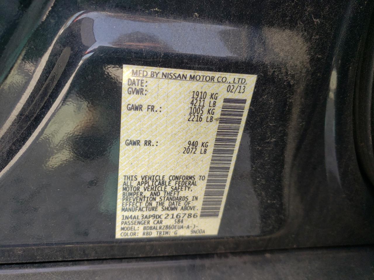 Photo 10 from auction – 2013 NISSAN ALTIMA 2.5 with VIN 1N4AL3AP9DC216786