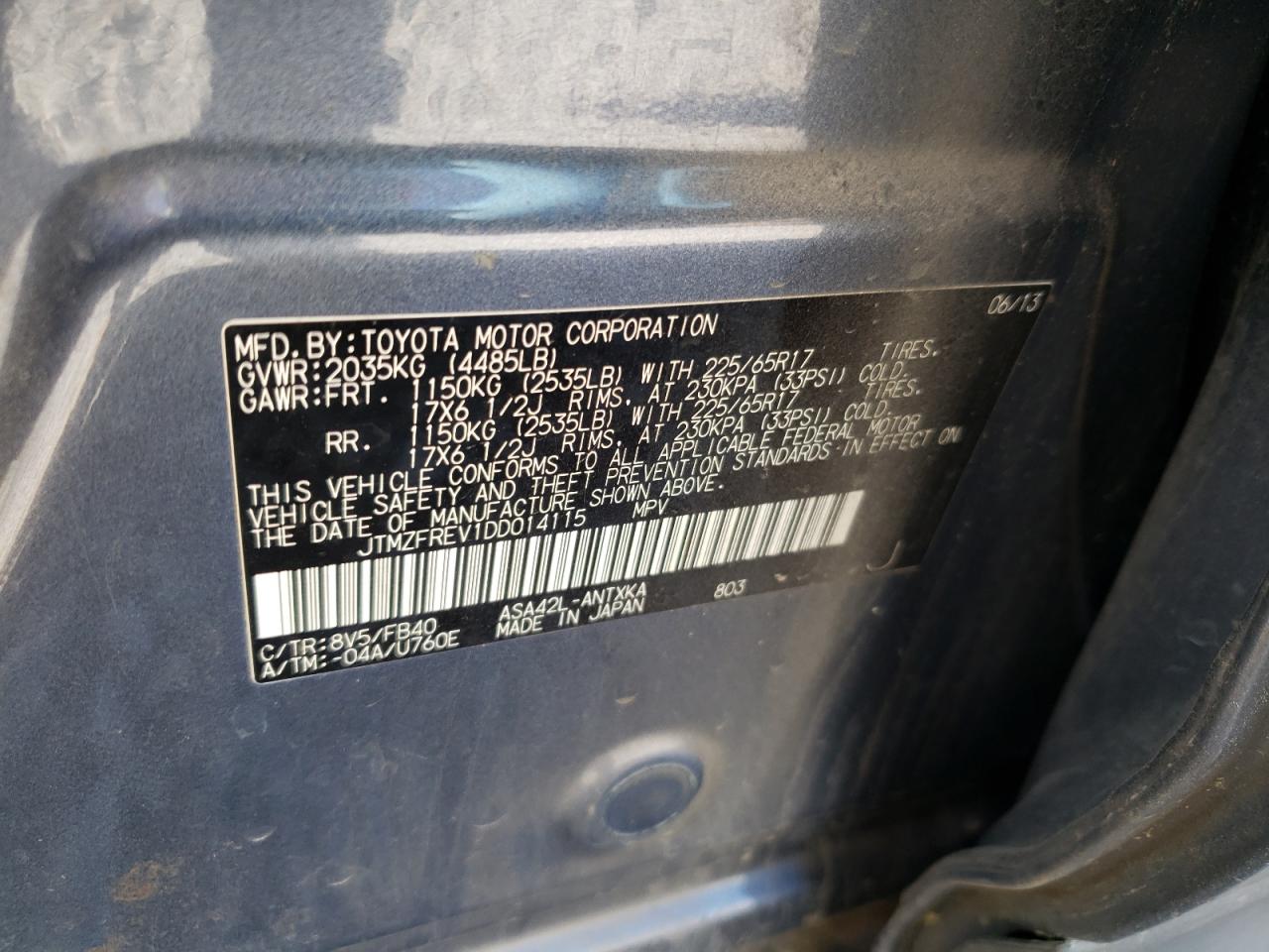 Photo 10 from auction – 2013 TOYOTA RAV4 LE with VIN JTMZFREV1DD014115