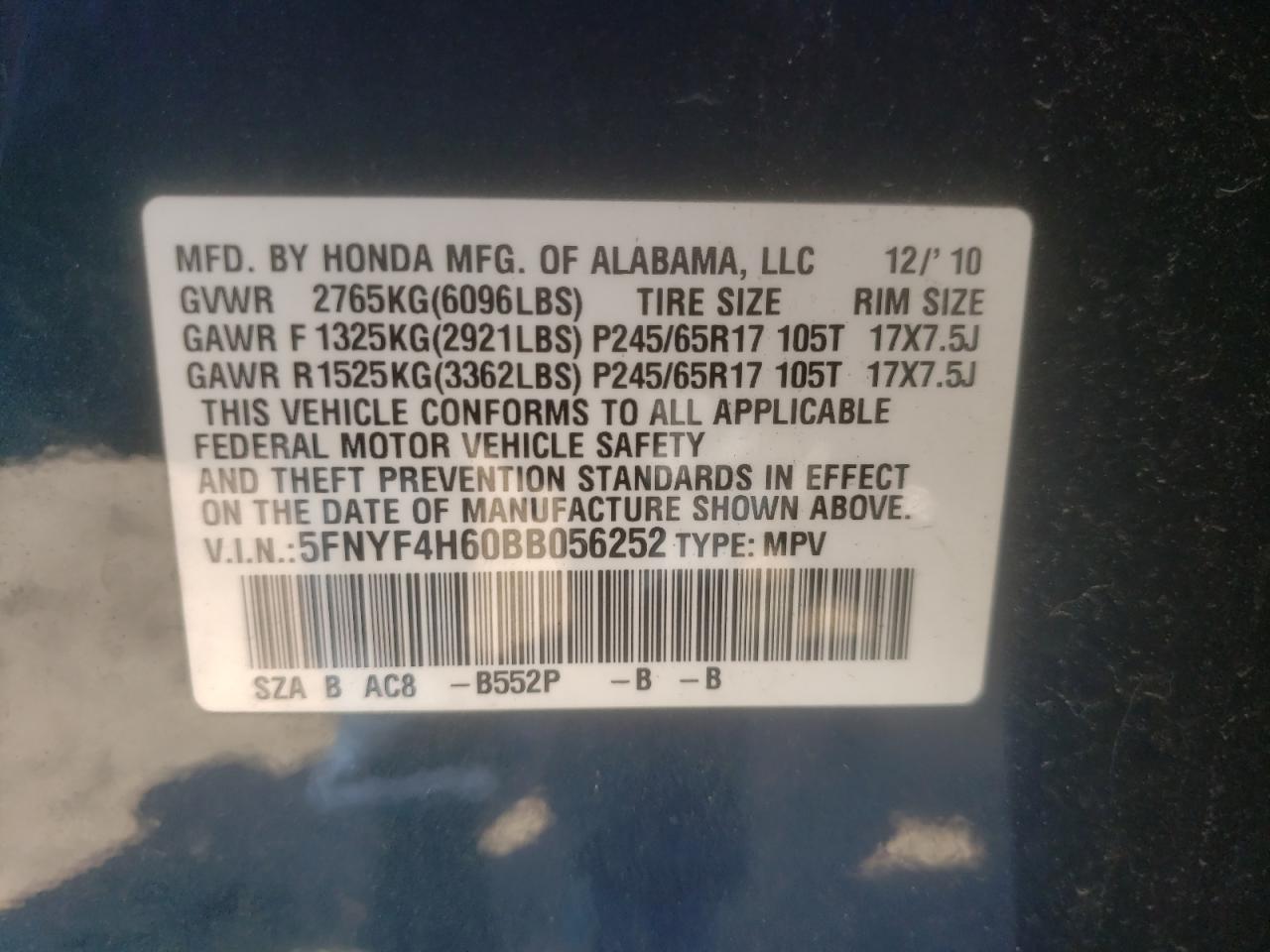 Photo 10 from auction – 2011 HONDA PILOT EXL with VIN 5FNYF4H60BB056252