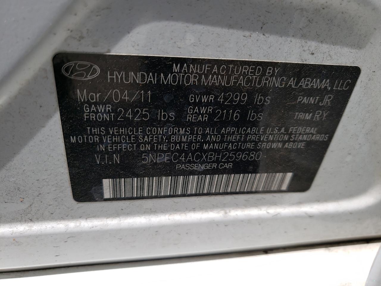 Photo 10 from auction – 2011 HYUNDAI SONATA SE with VIN 5NPEC4ACXBH259680