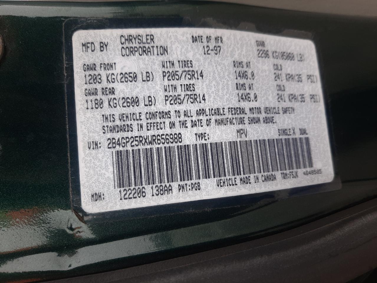 Photo 10 from auction – 1998 DODGE CARAVAN with VIN 2B4GP25RXWR656988