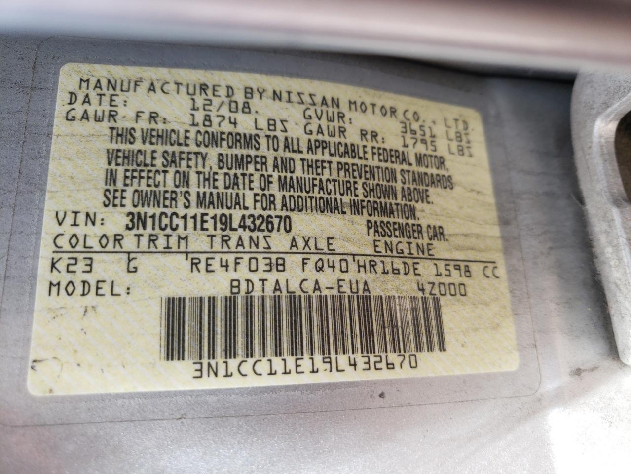 Photo 10 from auction – 2009 NISSAN VERSA with VIN 3N1CC11E19L432670