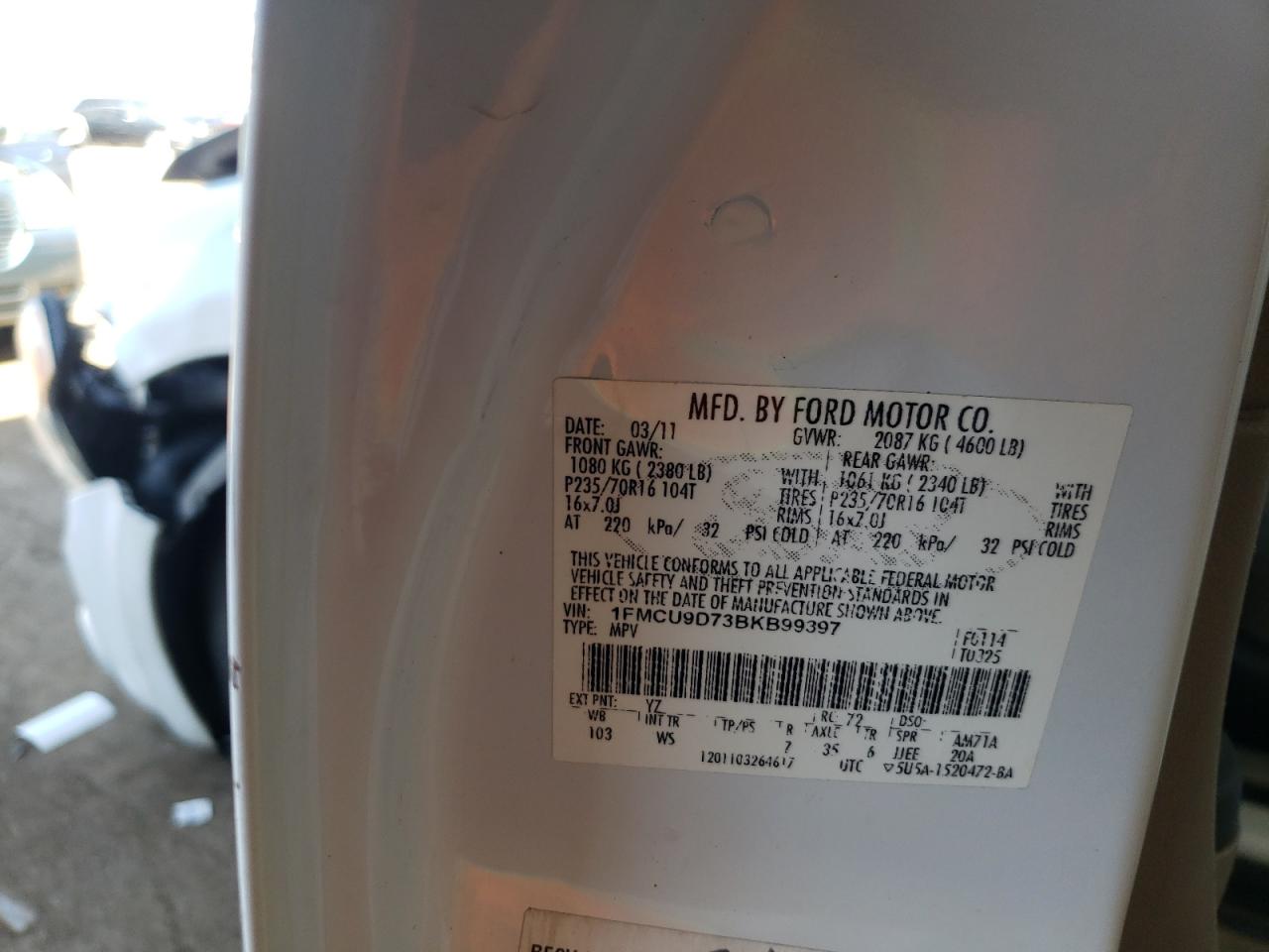 Photo 10 from auction – 2011 FORD ESCAPE XLT with VIN 1FMCU9D73BKB99397