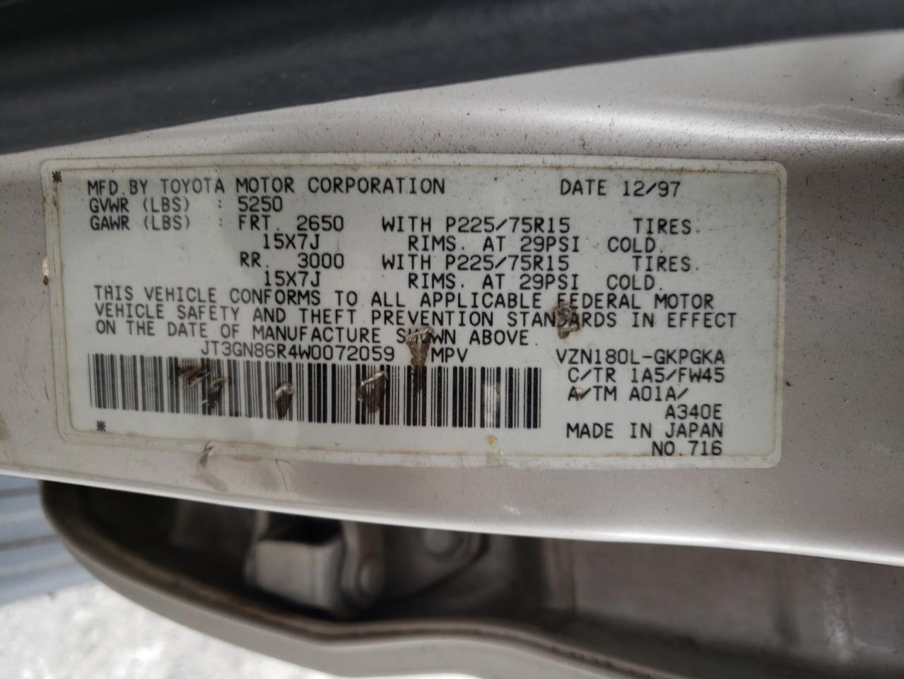 Photo 10 from auction – 1998 TOYOTA 4RUNNER SR with VIN JT3GN86R4W0072059