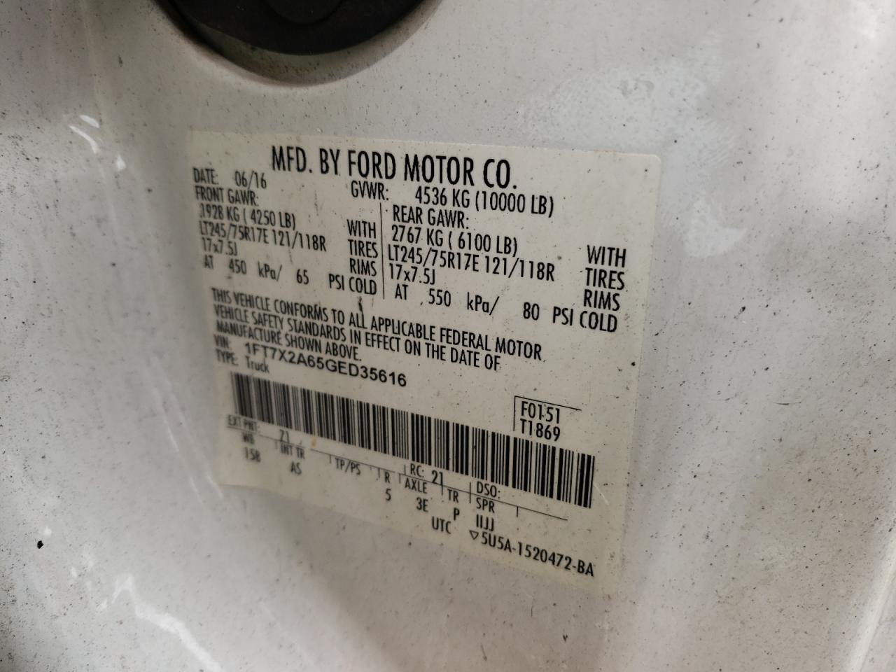 Photo 10 from auction – 2016 FORD F250 SUPER with VIN 1FT7X2A65GED35616