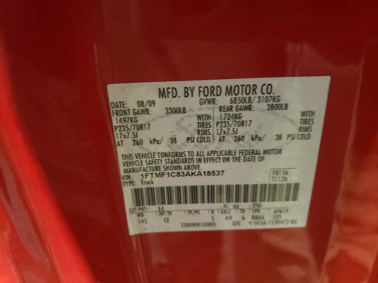 Photo 10 from auction – 2010 FORD F150 with VIN 1FTMF1C83AKA18537