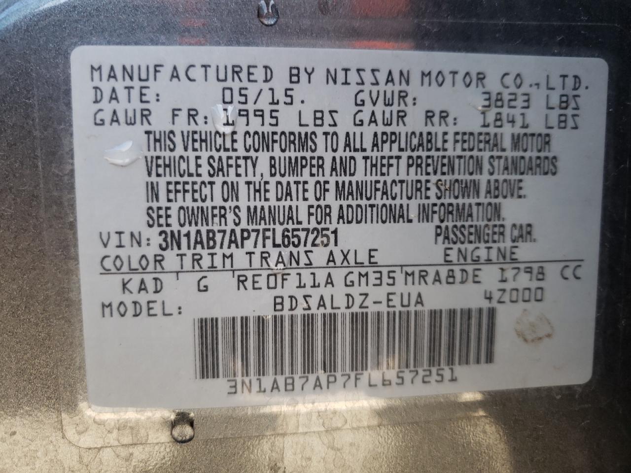 Photo 10 from auction – 2015 NISSAN SENTRA S with VIN 3N1AB7AP7FL657251