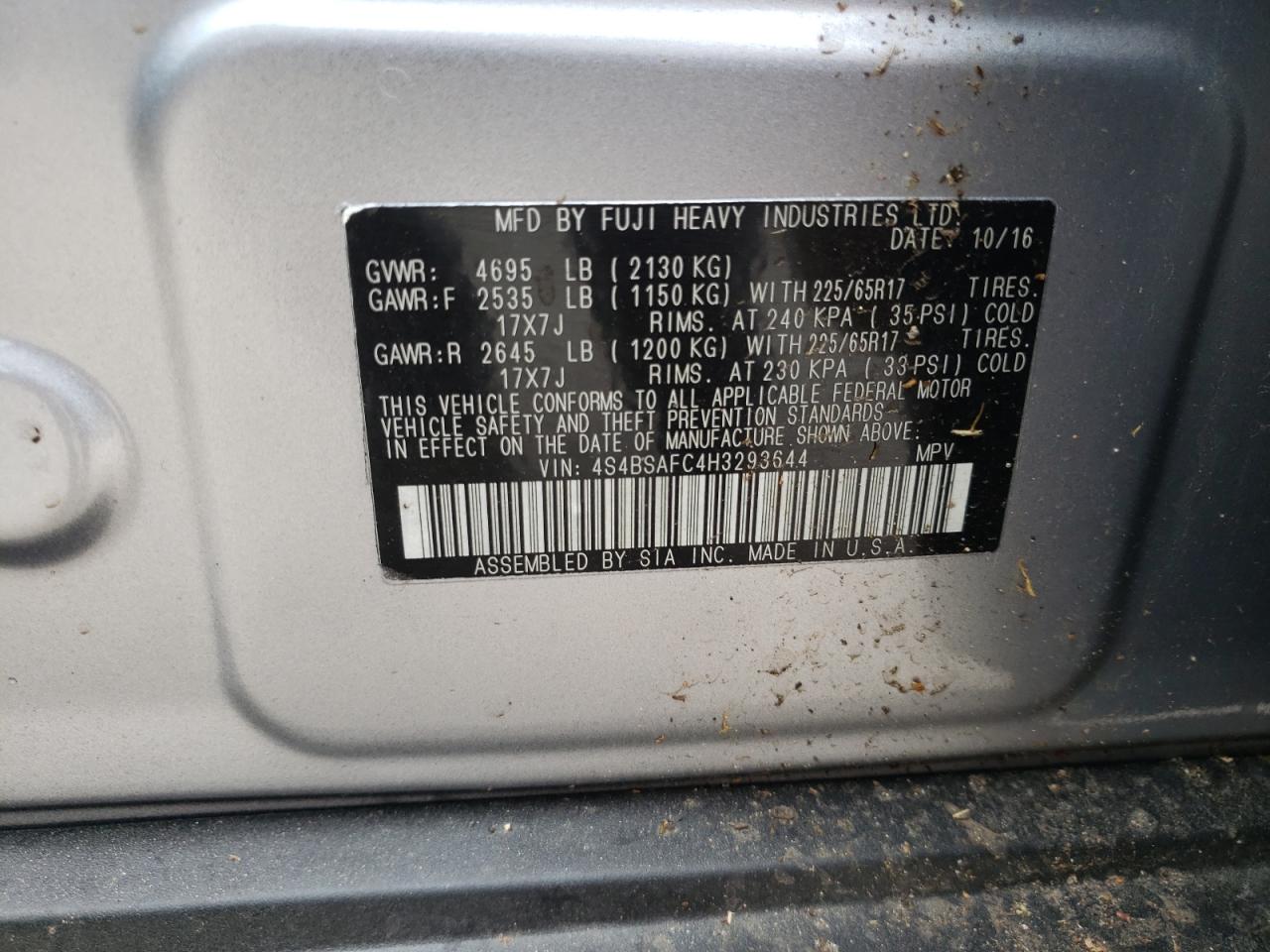 Photo 10 from auction – 2017 SUBARU OUTBACK 2. with VIN 4S4BSAFC4H3293644