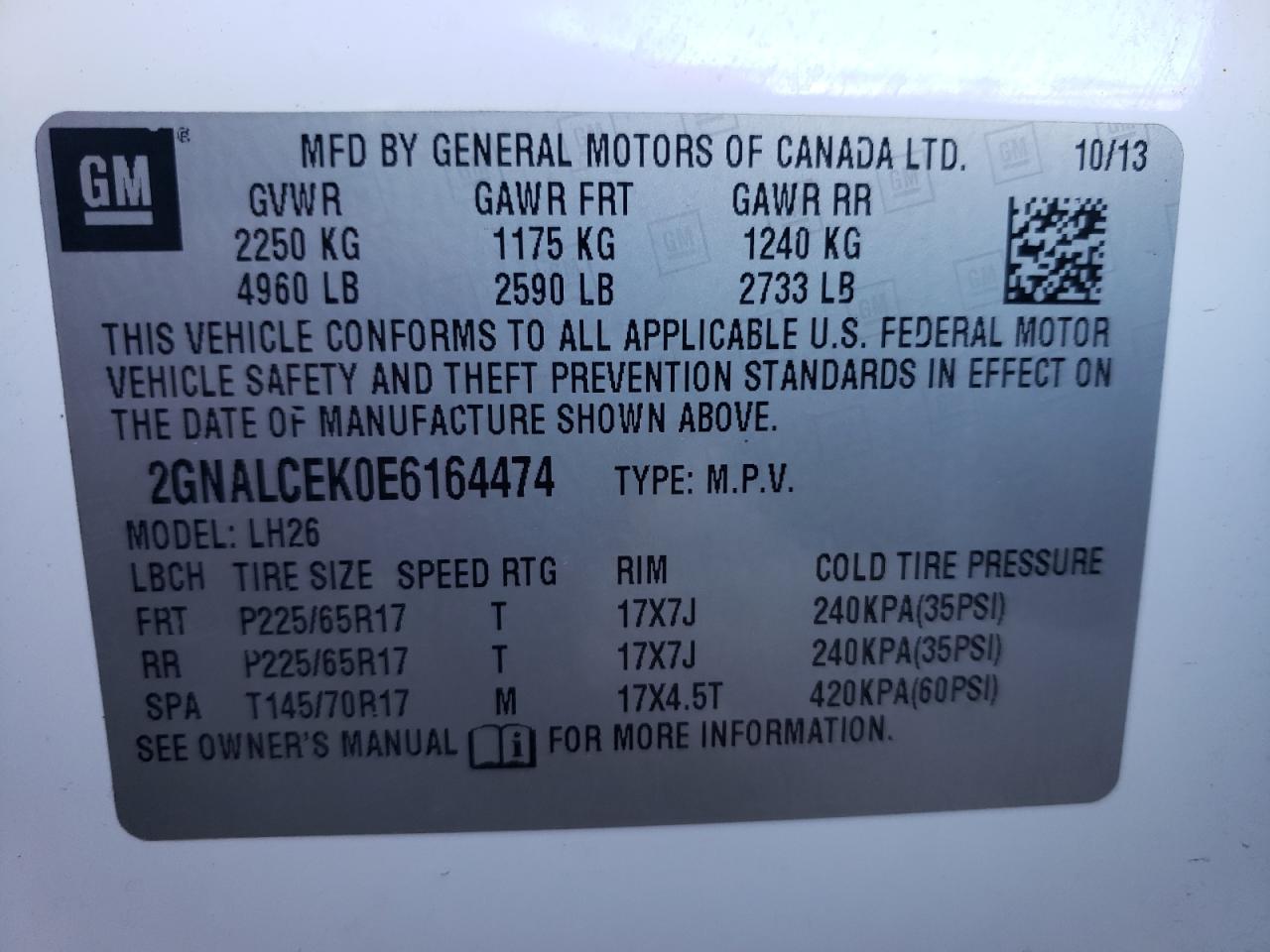 Photo 10 from auction – 2014 CHEVROLET EQUINOX LT with VIN 2GNALCEK0E6164474