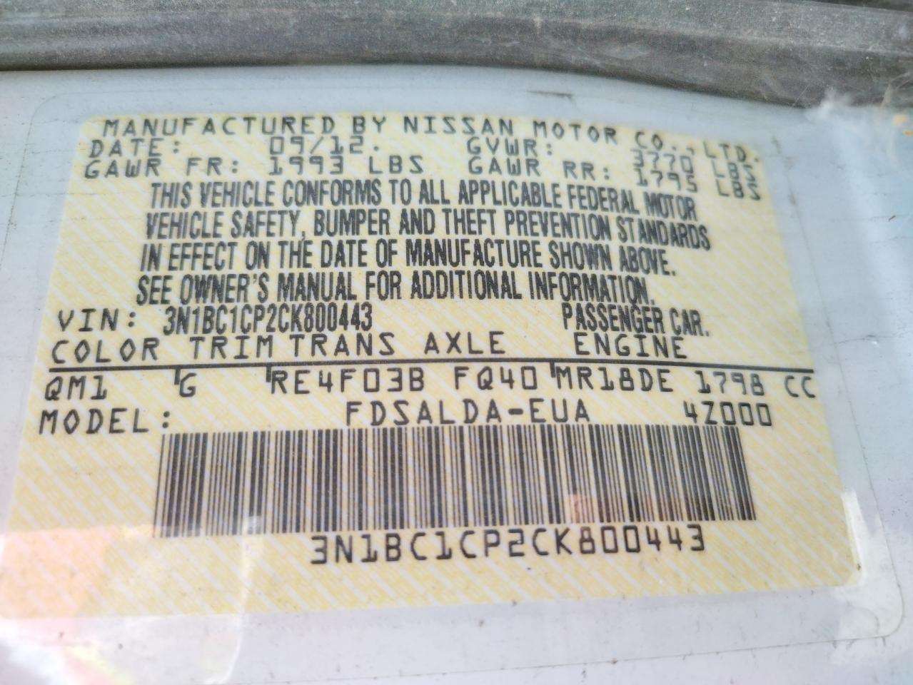 Photo 10 from auction – 2012 NISSAN VERSA S with VIN 3N1BC1CP2CK800443