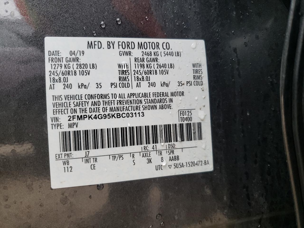 Photo 10 from auction – 2019 FORD EDGE SE with VIN 2FMPK4G95KBC03113