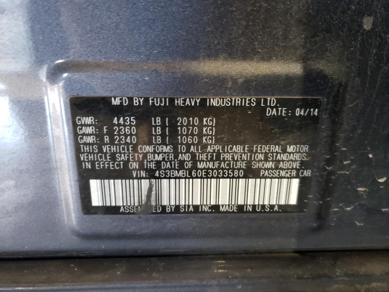 Photo 10 from auction – 2014 SUBARU LEGACY 2.5 with VIN 4S3BMBL60E3033580