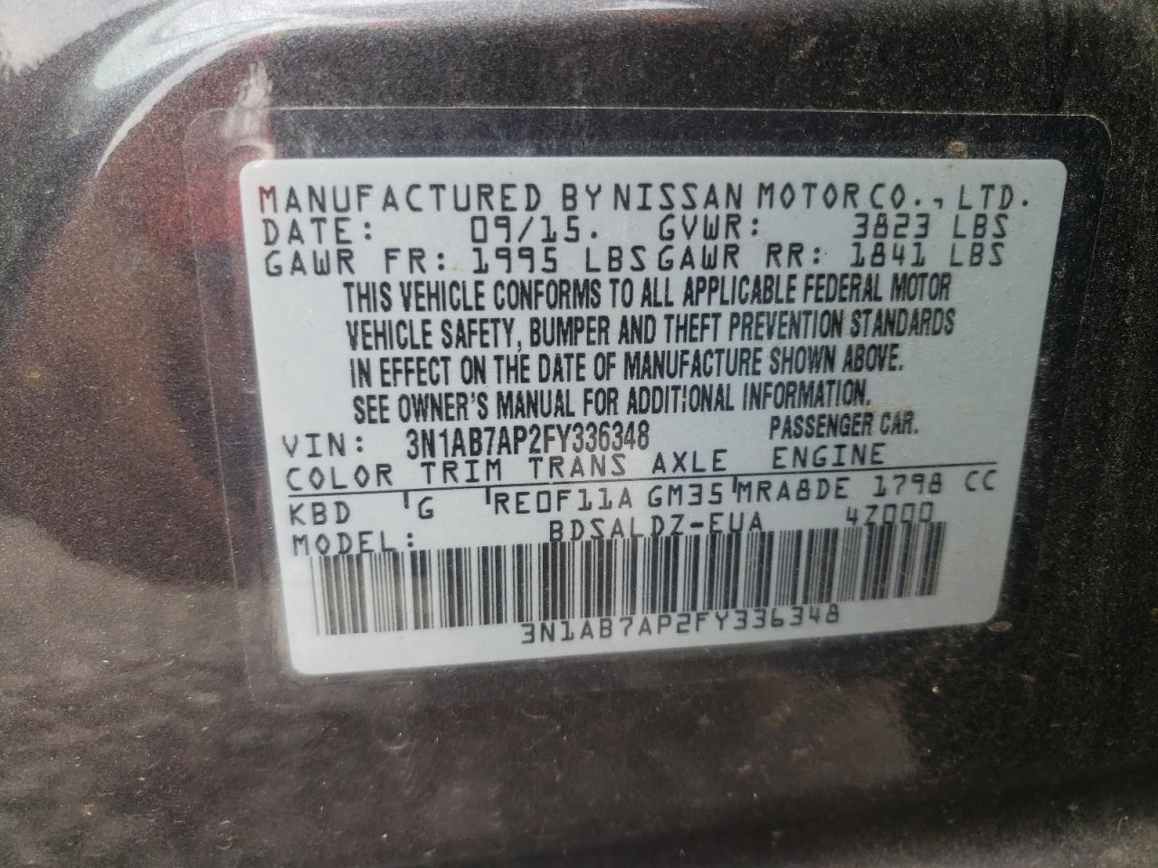 Photo 10 from auction – 2015 NISSAN SENTRA S with VIN 3N1AB7AP2FY336348