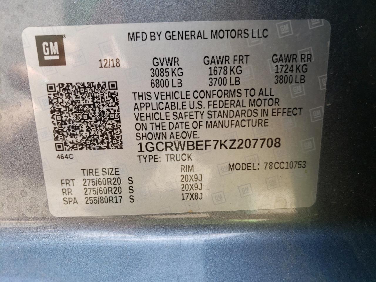 Photo 10 from auction – 2019 CHEVROLET SILVERADO with VIN 1GCRWBEF7KZ207708