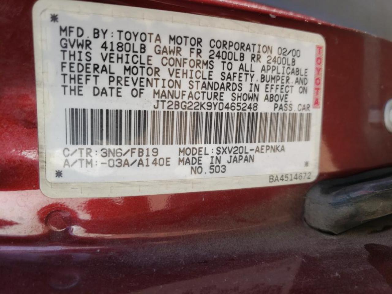 Photo 10 from auction – 2000 TOYOTA CAMRY CE with VIN JT2BG22K9Y0465248