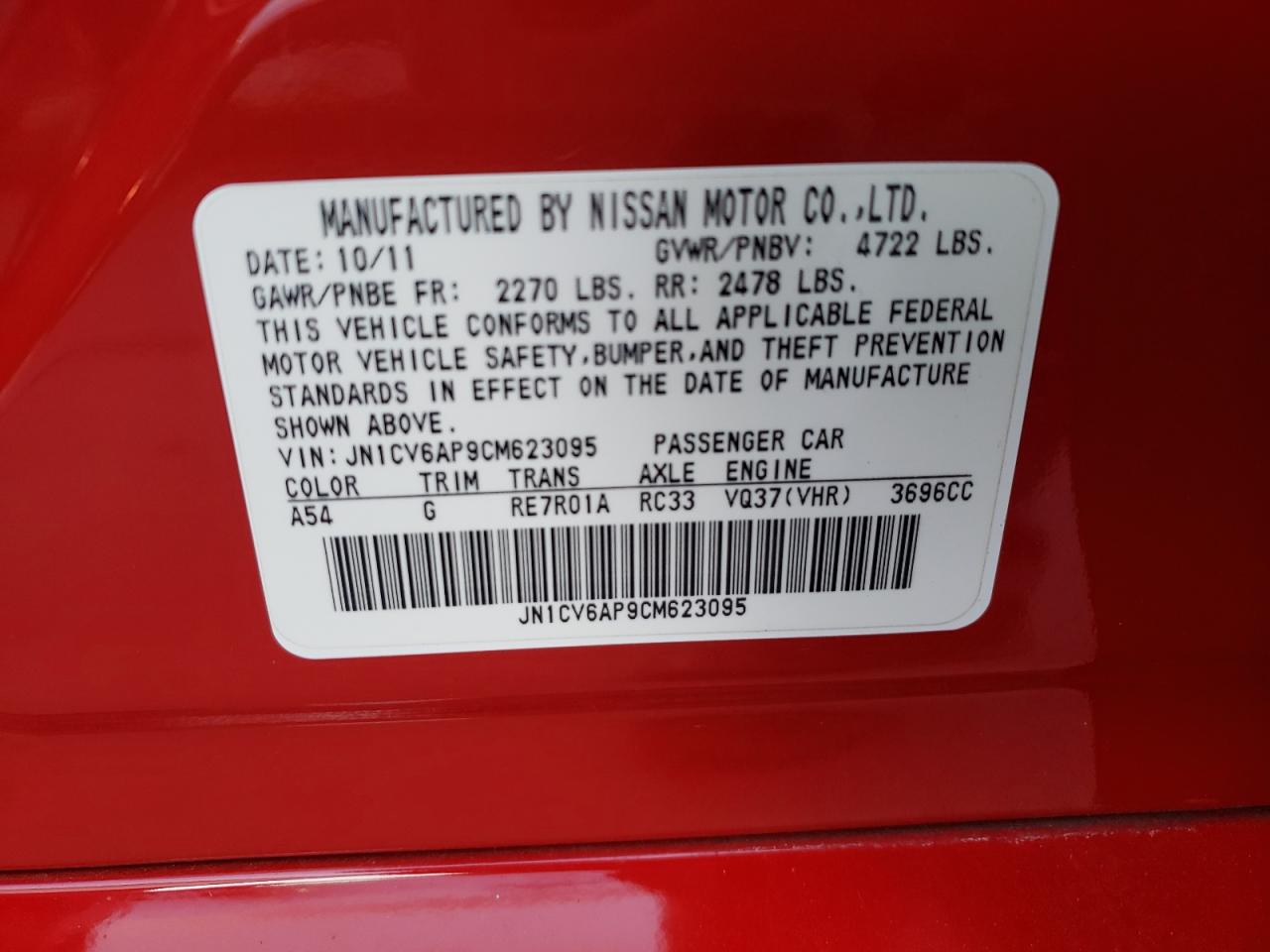 Photo 10 from auction – 2012 INFINITI G37 BASE with VIN JN1CV6AP9CM623095