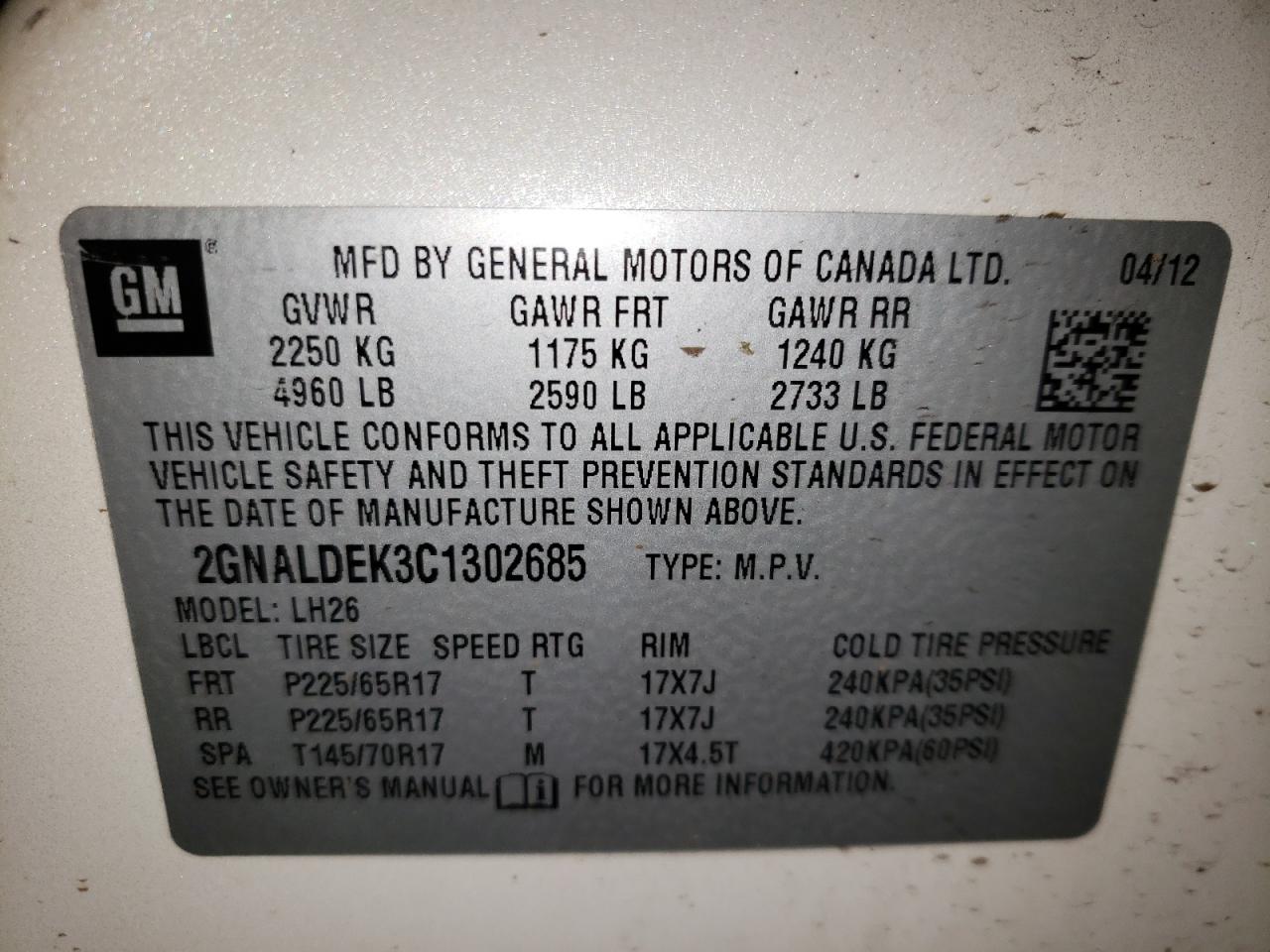 Photo 10 from auction – 2012 CHEVROLET EQUINOX LT with VIN 2GNALDEK3C1302685