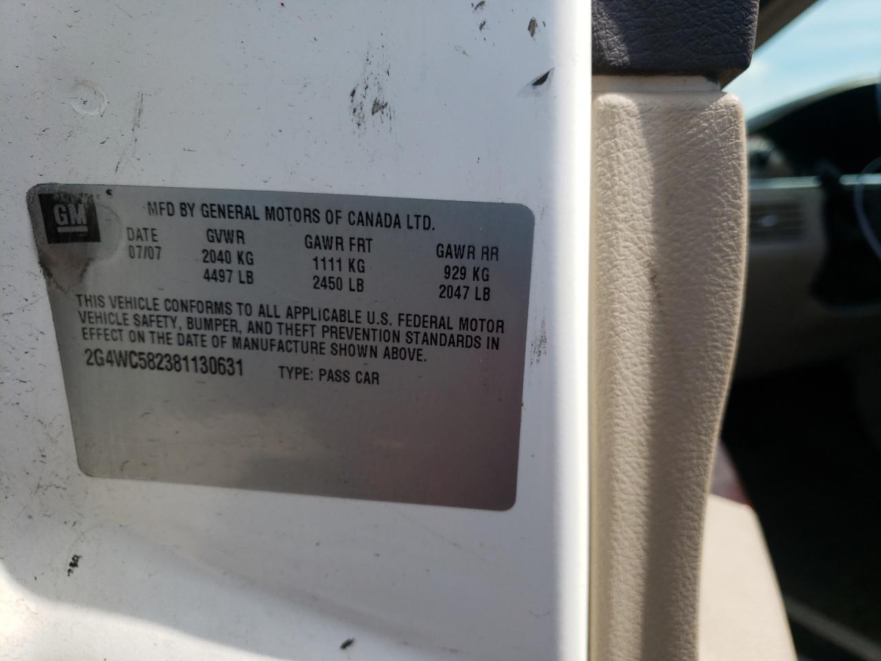 Photo 10 from auction – 2008 BUICK LACROSSE with VIN 2G4WC582381130631