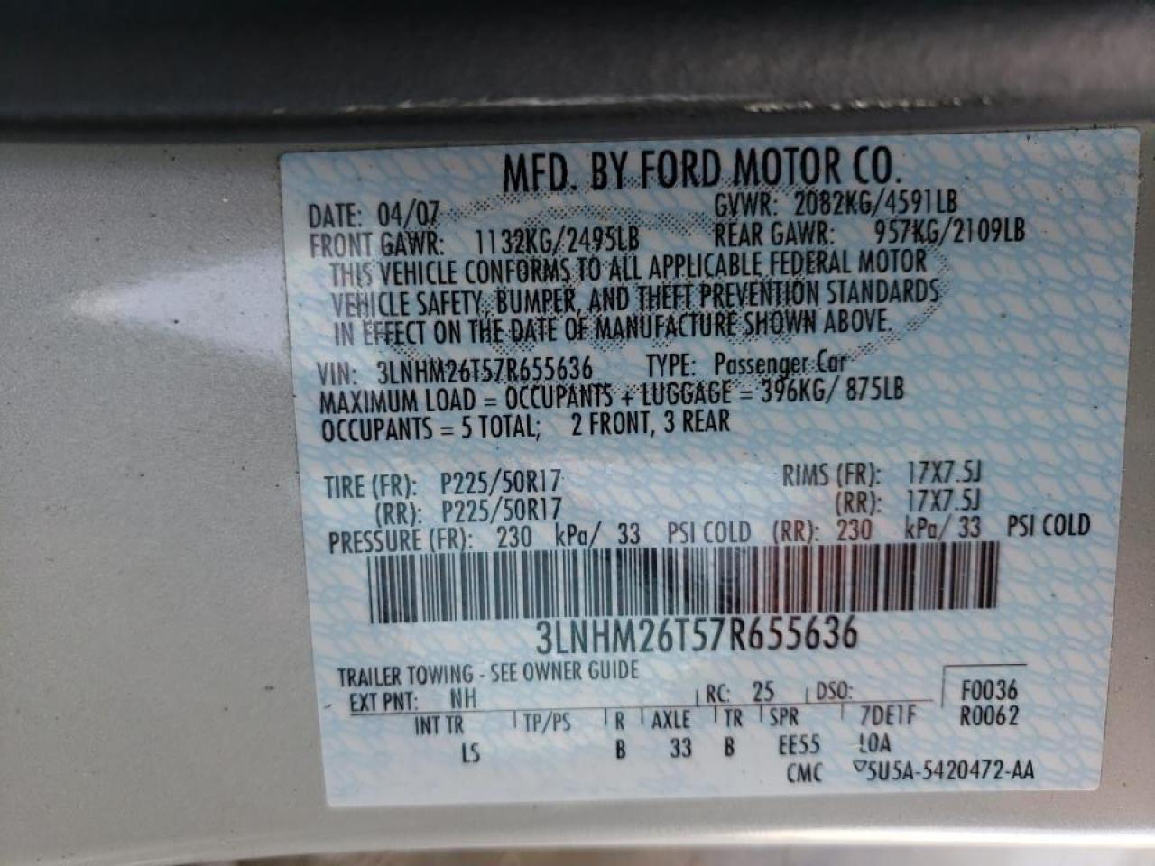 Photo 10 from auction – 2007 LINCOLN MKZ with VIN 3LNHM26T57R655636