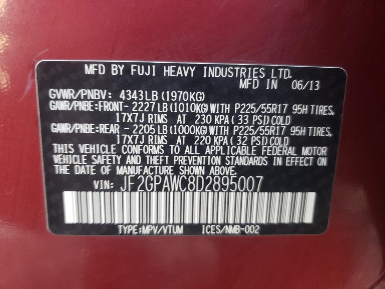 Photo 10 from auction – 2013 SUBARU XV CROSSTR with VIN JF2GPAWC8D2895007