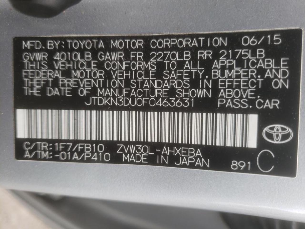 Photo 10 from auction – 2015 TOYOTA PRIUS with VIN JTDKN3DU0F0463631