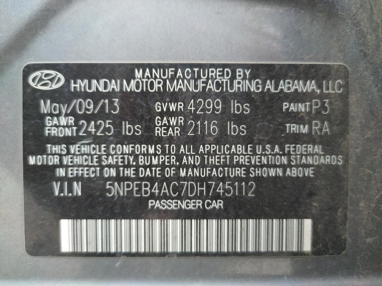 Photo 10 from auction – 2013 HYUNDAI SONATA GLS with VIN 5NPEB4AC7DH745112