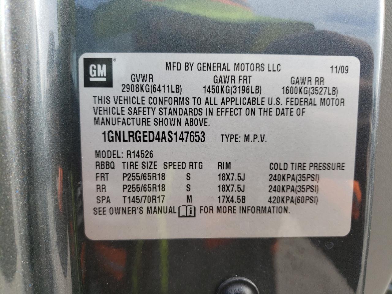 Photo 10 from auction – 2010 CHEVROLET TRAVERSE L with VIN 1GNLRGED4AS147653