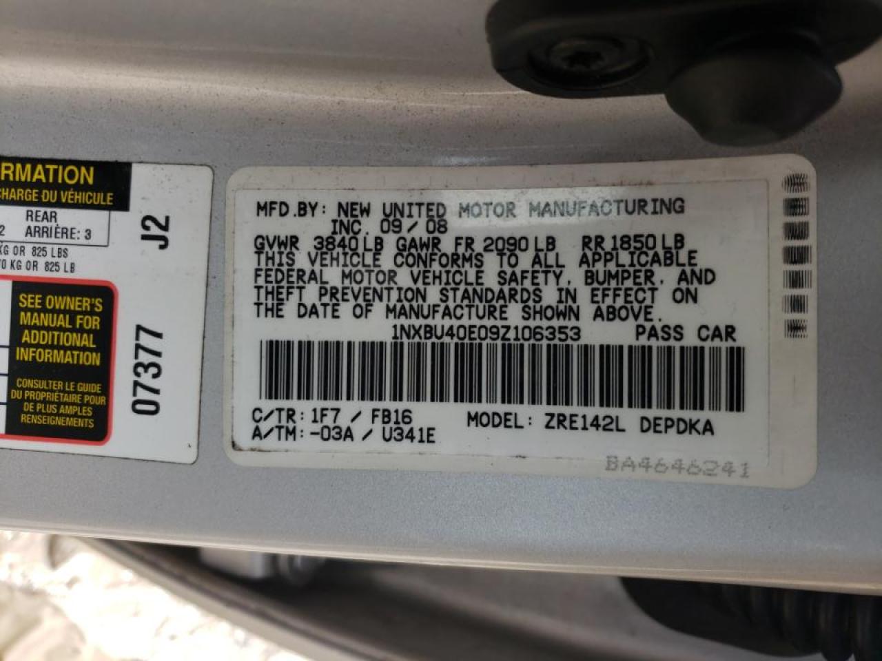 Photo 10 from auction – 2009 TOYOTA COROLLA with VIN 1NXBU40E09Z106353
