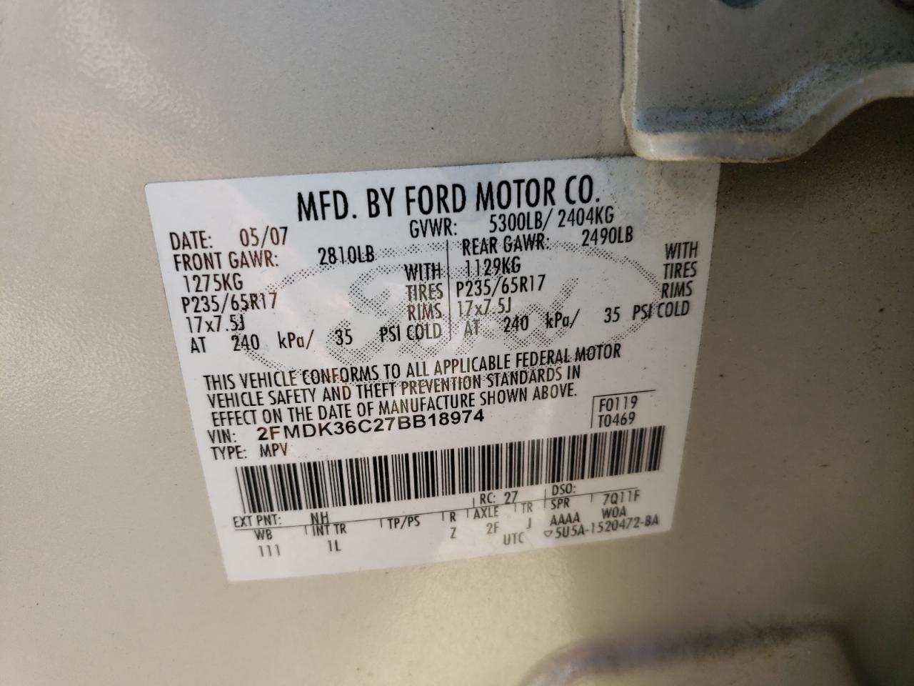 Photo 10 from auction – 2007 FORD EDGE SE with VIN 2FMDK36C27BB18974