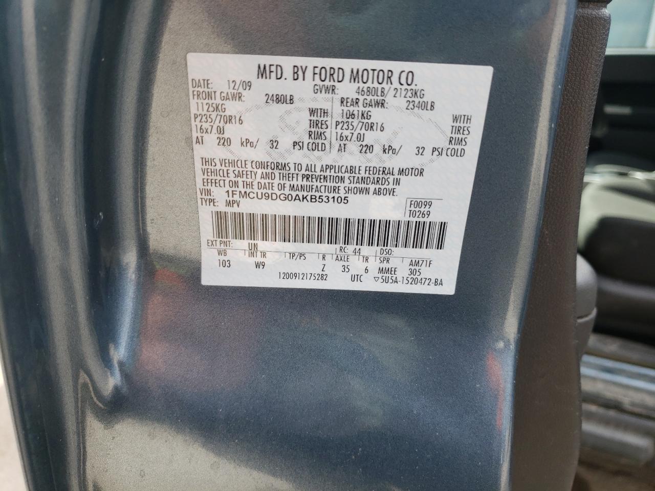 Photo 10 from auction – 2010 FORD ESCAPE XLT with VIN 1FMCU9DG0AKB53105