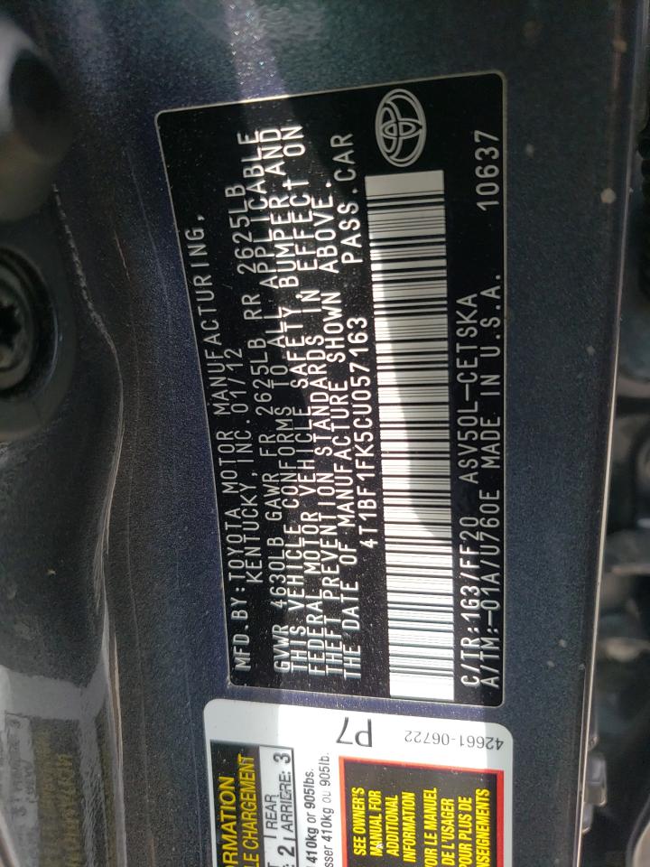 Photo 10 from auction – 2012 TOYOTA CAMRY BASE with VIN 4T1BF1FK5CU057163