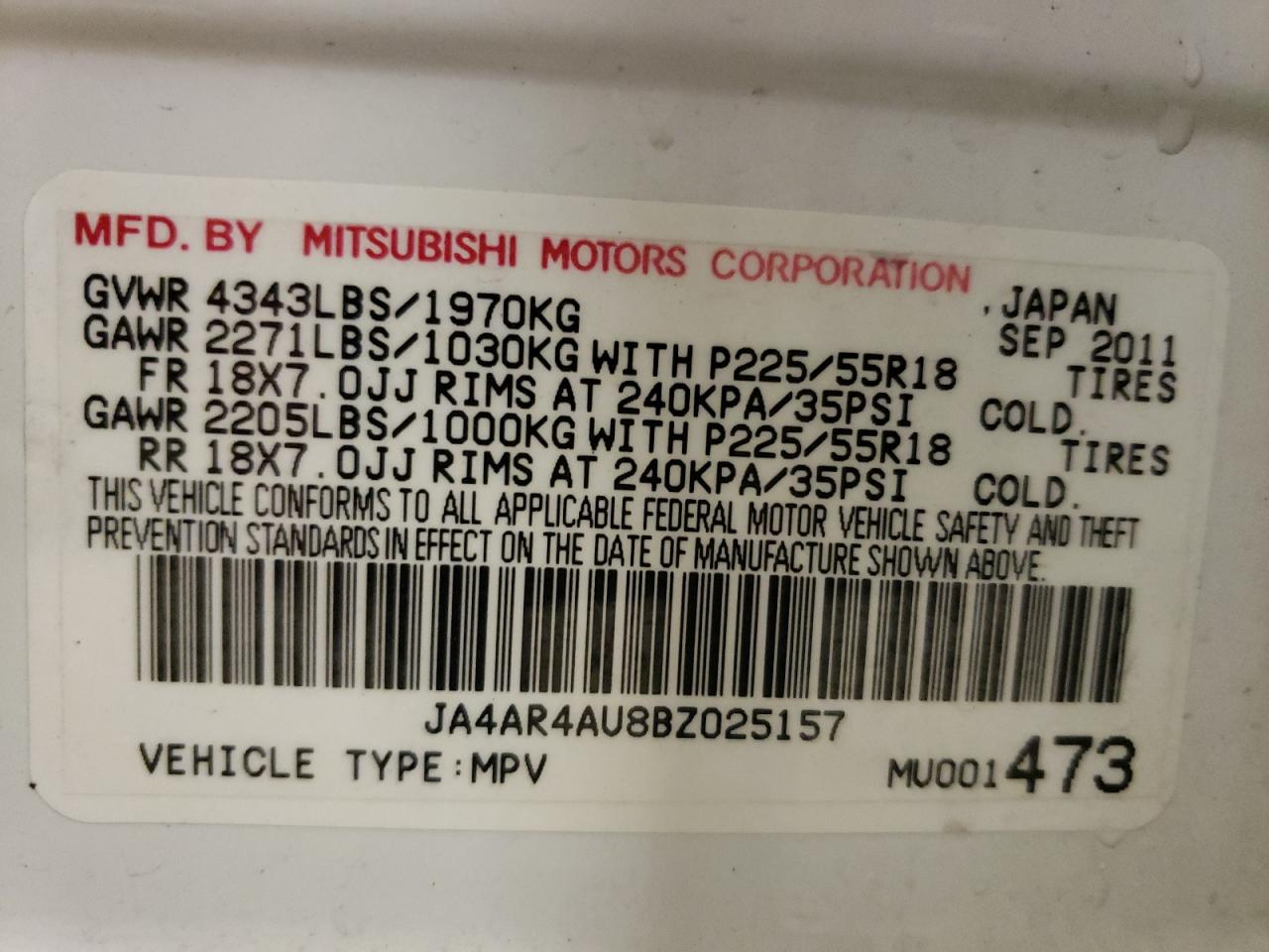 Photo 10 from auction – 2011 MITSUBISHI OUTLANDER with VIN JA4AR4AU8BZ025157