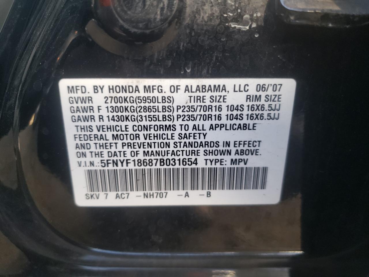 Photo 10 from auction – 2007 HONDA PILOT EXL with VIN 5FNYF18687B031654