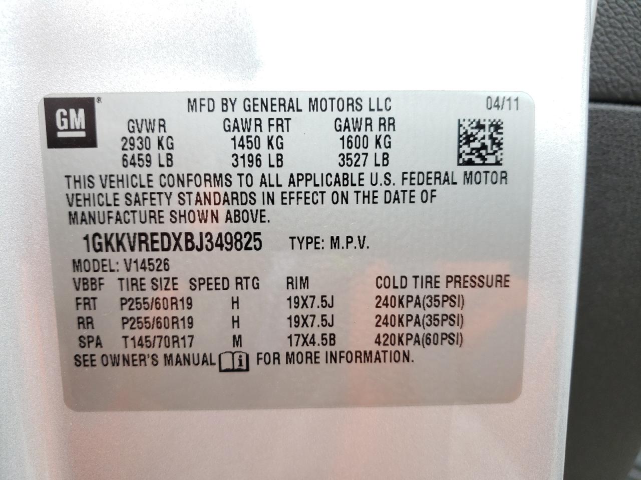 Photo 10 from auction – 2011 GMC ACADIA SLT with VIN 1GKKVREDXBJ349825