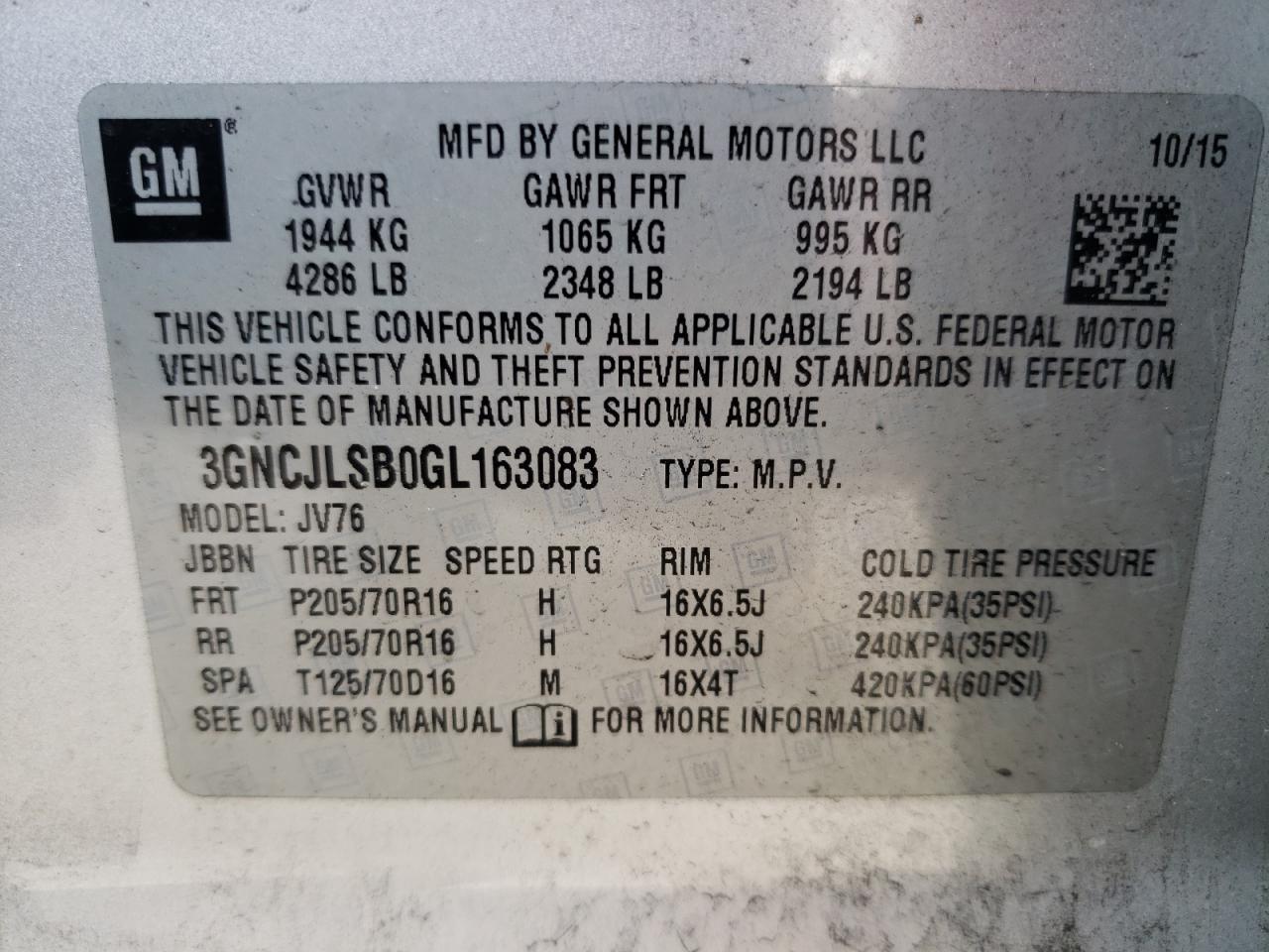 Photo 10 from auction – 2016 CHEVROLET TRAX 1LT with VIN 3GNCJLSB0GL163083