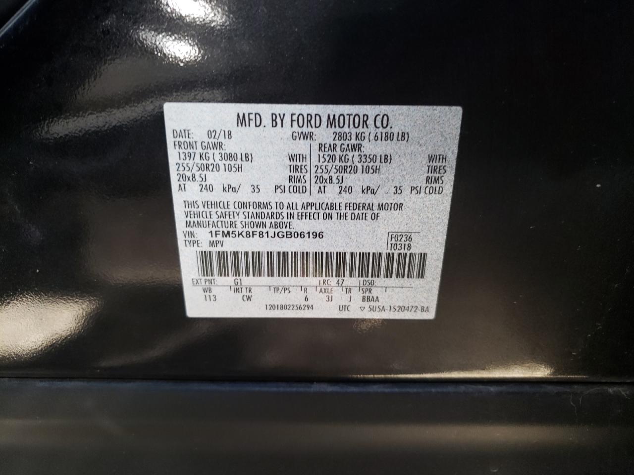 Photo 10 from auction – 2018 FORD EXPLORER L with VIN 1FM5K8F81JGB06196