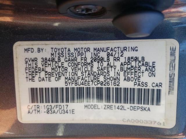 Photo 10 from auction – 2012 TOYOTA COROLLA BA with VIN 5YFBU4EE7CP026162