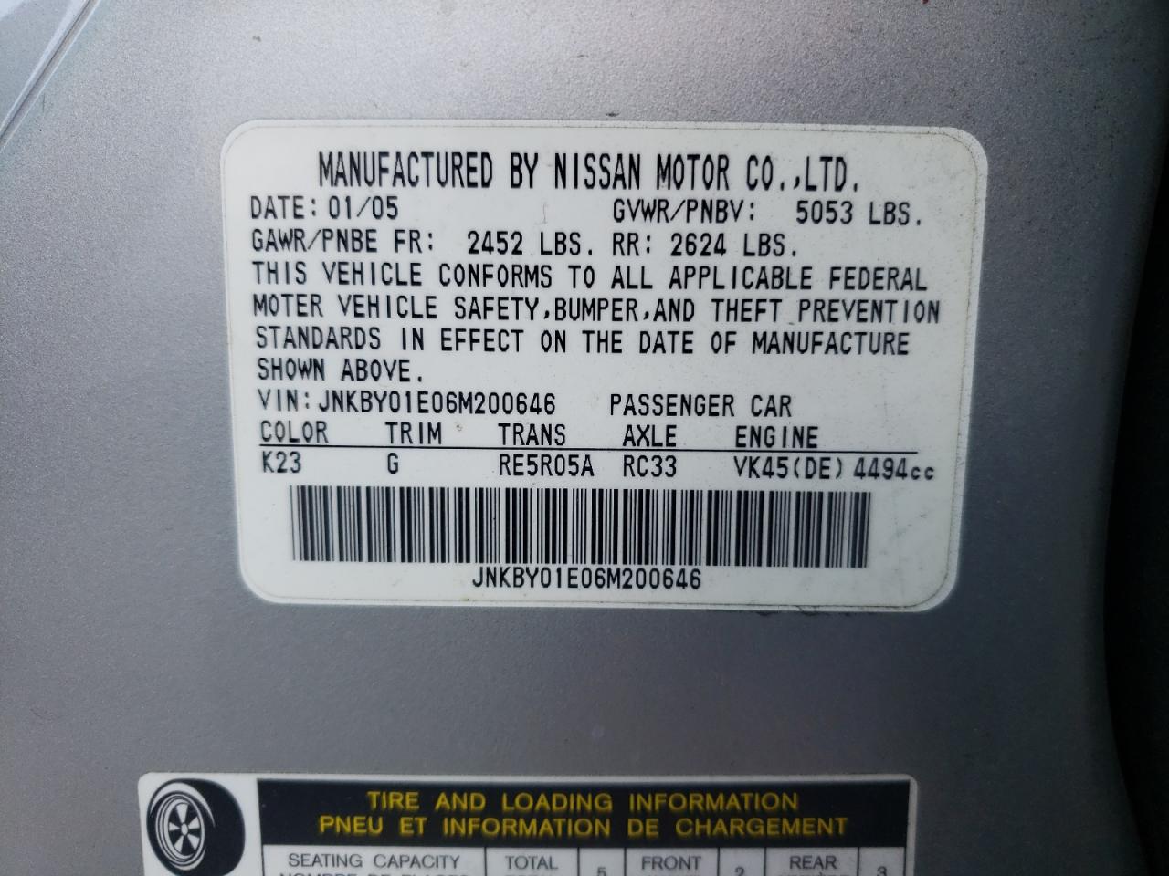 Photo 10 from auction – 2006 INFINITI M45 BASE with VIN JNKBY01E06M200646