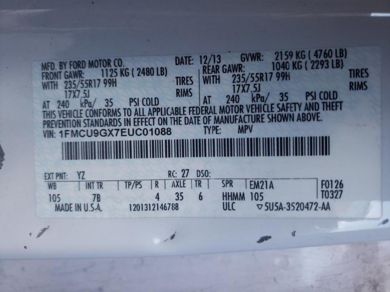 Photo 10 from auction – 2014 FORD ESCAPE SE with VIN 1FMCU9GX7EUC01088
