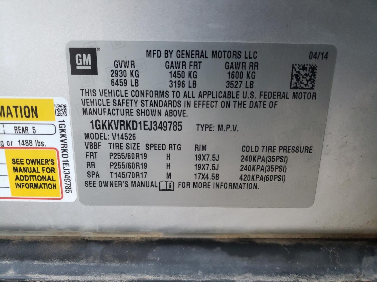 Photo 10 from auction – 2014 GMC ACADIA SLT with VIN 1GKKVRKD1EJ349785