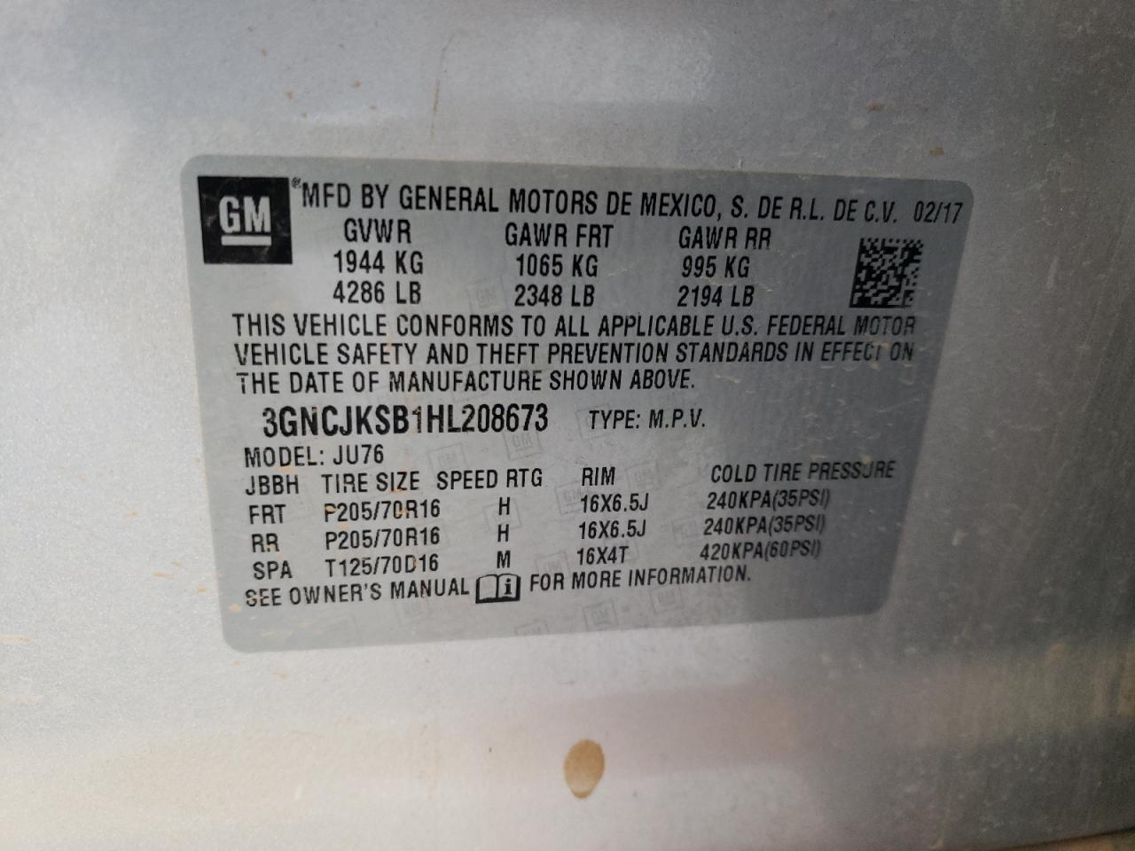 Photo 10 from auction – 2017 CHEVROLET TRAX LS with VIN 3GNCJKSB1HL208673
