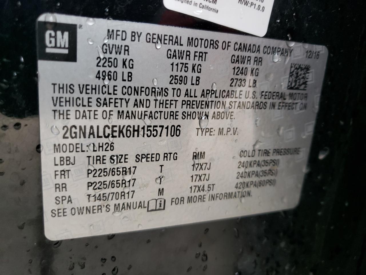Photo 10 from auction – 2017 CHEVROLET EQUINOX LT with VIN 2GNALCEK6H1557106
