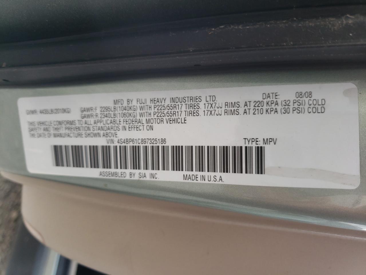 Photo 10 from auction – 2009 SUBARU OUTBACK 2. with VIN 4S4BP61C897325186